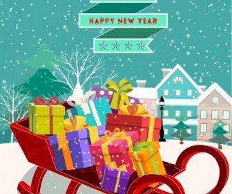 Christmas Banner Gift Boxes Snowfall Town Icons