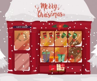 Bannière De Noël Magasin De Cadeaux Chute De Neige Icônes Décor