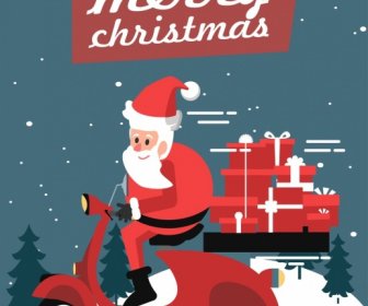 Boîtes De Cadeau De Noël Bannière Santa Claus Motorbik Icônes