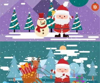 Christmas Banner Sets With Santa In Snow Illustration