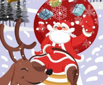 Christmas Banner Sleighing Santa Claus Icon Colored Cartoon