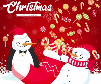Christmas Banner Snowman Candies Icons Red Decor