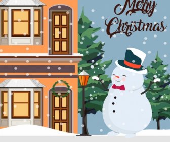 Christmas Banner Snowman Falling Snow House Icons Decor