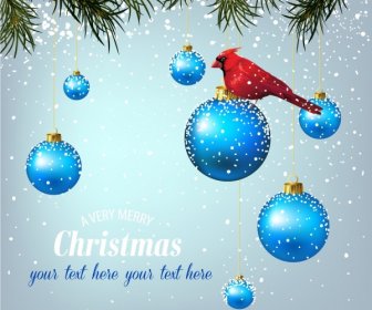 Christmas Banner Snowy Background Blue Baubles Bird Icon