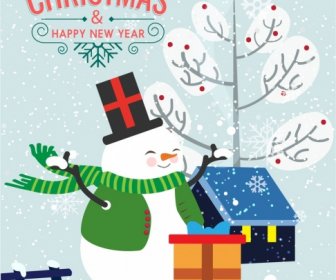 Christmas Banner Stylized Snowman Icon Snowy Backdrop