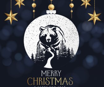 Natal Spanduk Template Beruang Liar Sketsa Baubles Dekorasi
