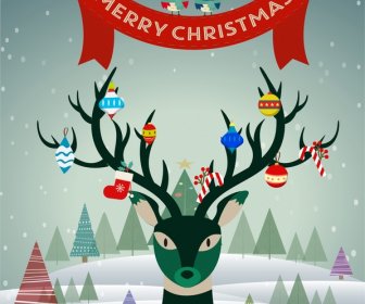 Christmas Banner With Reindeer Hanging Symbols On Horns
