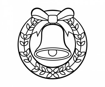 Christmas Bell Icon Flat Black White Outline