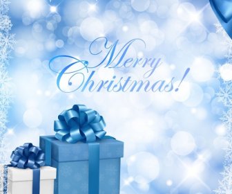 พื้นหลังสีฟ้าคริสต์มาส ด้วยของขวัญกล่องและเกล็ดหิมะภาพเวกเตอร์