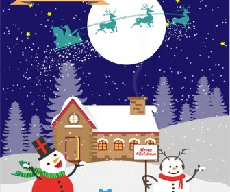 Christmas Card Cover Design Snowmen In Moonlight Style