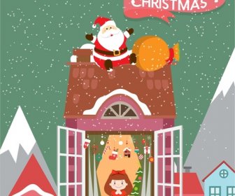 Christmas Card Cover With Santa Claus Delivering Gifts