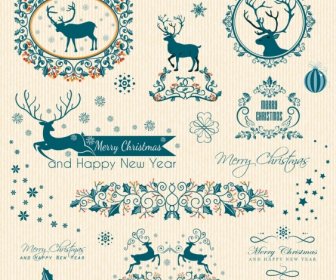 Elemen Desain Kartu Natal Rusa Kutub, Kepingan Salju, Bunga, Dekorasi