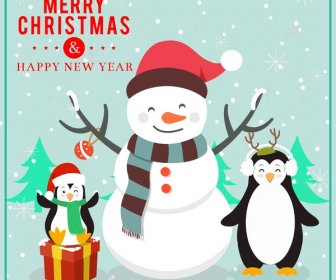 Conception De Carte De Noël Avec Des Pingouins Drôles Et Bonhomme De Neige