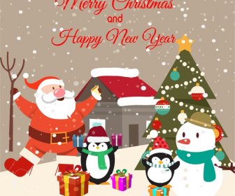 Christmas Card Design With Penguins And Santa Claus