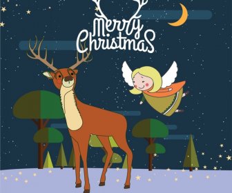 Desain Kartu Natal Dengan Rusa Kutub Dan Malaikat