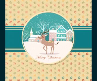 Christmas Card Template Snowflakes Reindeer Snow Scene Decor