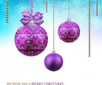 聖誕卡與垂懸的紫羅蘭色球背景