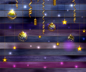 Weihnachts-Dekor Mit Goldener Ball Stern Hängen Holz Hintergrund
