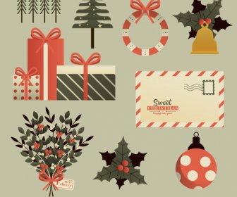 Christmas Design Elements Baubles Gifts Envelope Flora Sketch