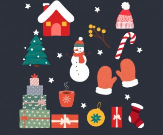 Elemen Desain Natal Warna-warni Sketsa Simbol Klasik Datar