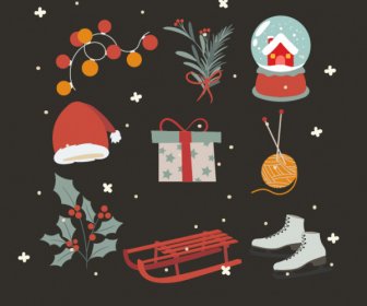 Christmas Design Elements Colorful Symbols Dark Vintage