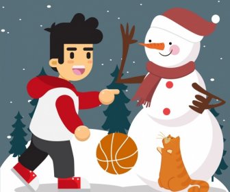 Christmas Drawing Boy Snowman Cat Icons Colored Design