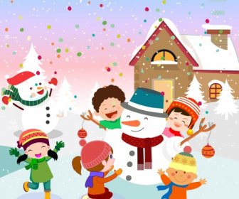 Christmas Drawing Joyful Kids Snowman Icons Colored Cartoon