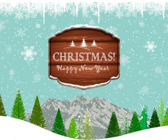 Christmas Frame On Landscape Background With Tree And Mountain