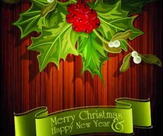Christmas Green Ribbon With Wooden Background Vector
