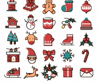 Christmas Icons Collection Bunte Klassische Flache Skizze