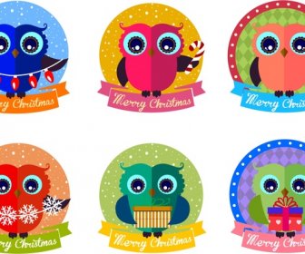 Elemen Desain Label Natal Terisolasi Dengan Ilustrasi Owl