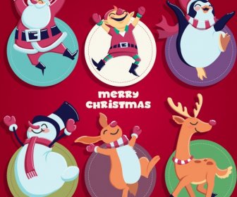 Christmas Labels Collection Cartoon Characters Icons Decor
