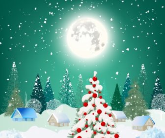 圣诞夜背景明亮的月光雪景装饰