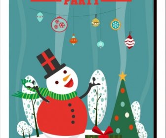 Christmas Party Banner Snowman Giftboxes Fir Tree Icons