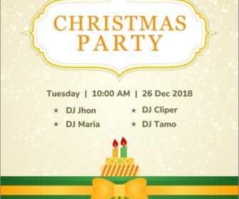 Christmas Party Invitation Card With Cake And Golden Ribbon Over Green Bottom Border And Beige Snowfall Background