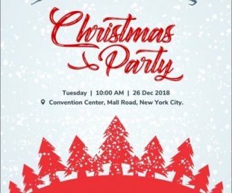 Christmas Party Invitation Card With Red Decorated Christmas Trees And Raindeers Having Snowfall On Blue Background