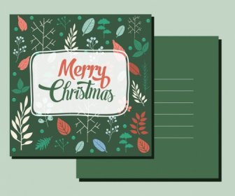 Christmas Postcard Template Dark Green Ornament Leaves Icons