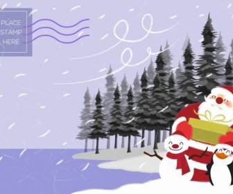 Christmas Postcard Template Santa Snowman Penguin Icons