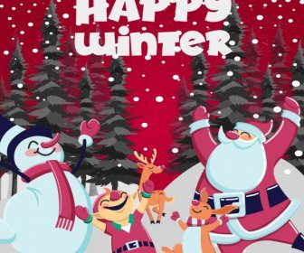 Natal Poster Menyenangkan Santa Snowman Rusa Kelinci Ikon