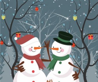 Christmas Poster Snowman Icons Leafless Trees Outdoor Snow
