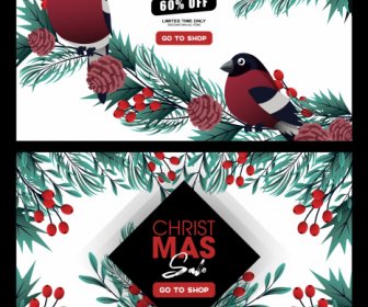 Christmas Sale Posters Birds Pine Tree Elements Decor