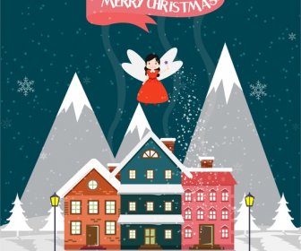 Christmas Template Design Cute Fairy And House Design