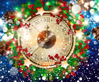 تصميم قالب عيد الميلاد مع الخلفية على مدار الساعة وخوخة