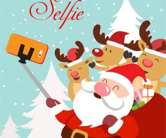 Christmas Template Illustration With Selfie Santa And Reindeers