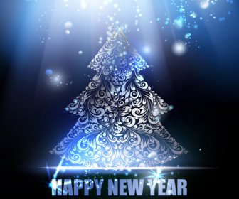 Yeni Yıl Mavi Arka Plan Ile Noel Ağacı