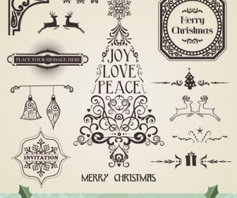 Christmas Vintage Ornaments Elements Vector Set