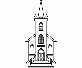 Icono De Signo De Iglesia Plano Negro Línea Blanca Contorno Artístico