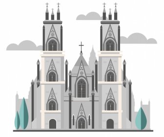 Igreja York Minster Sinal Modelo Retro Esboço Plano Design Simétrico