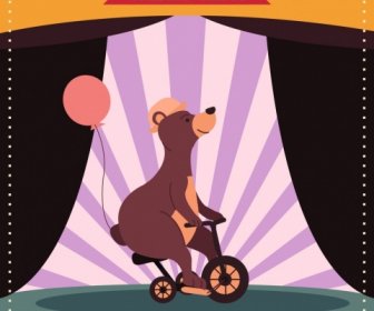 馬戲團廣告可愛的熊自行車圖示古典設計