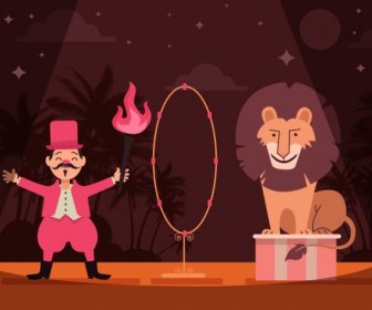 Circus Background Lion Trainer Fire Icons Cartoon Design